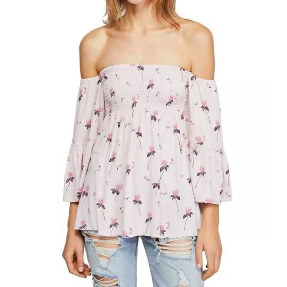 Free People Lana Off‎ The Shoulder Floral Top in Cloud Berry Combo Size S - Picture 1 of 11